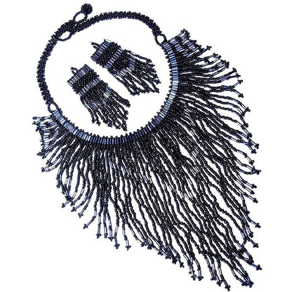 Elegant Black Bugle Seed Bead Bib Necklace