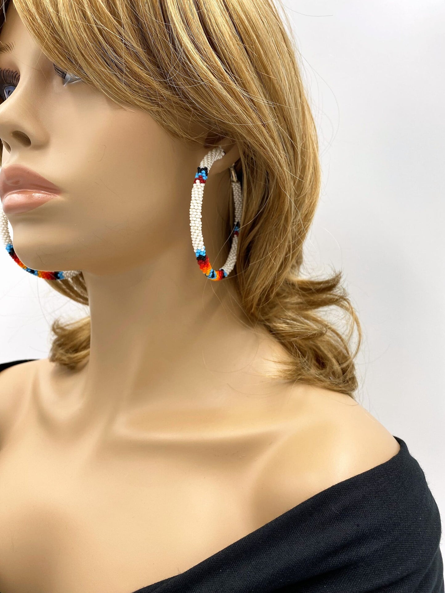 Handmade Native Style 3 Inch Hoop Earrings with Czech Seed Beads - White