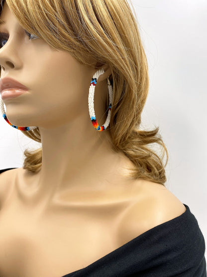 Handmade Native Style 3 Inch Hoop Earrings with Czech Seed Beads - White