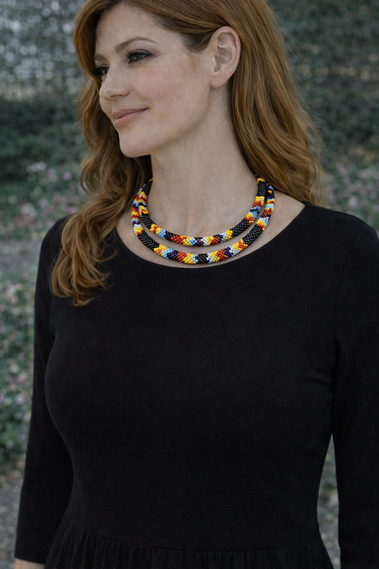 Native American Style Beaded Double Strand Rope Necklace - Black Fire