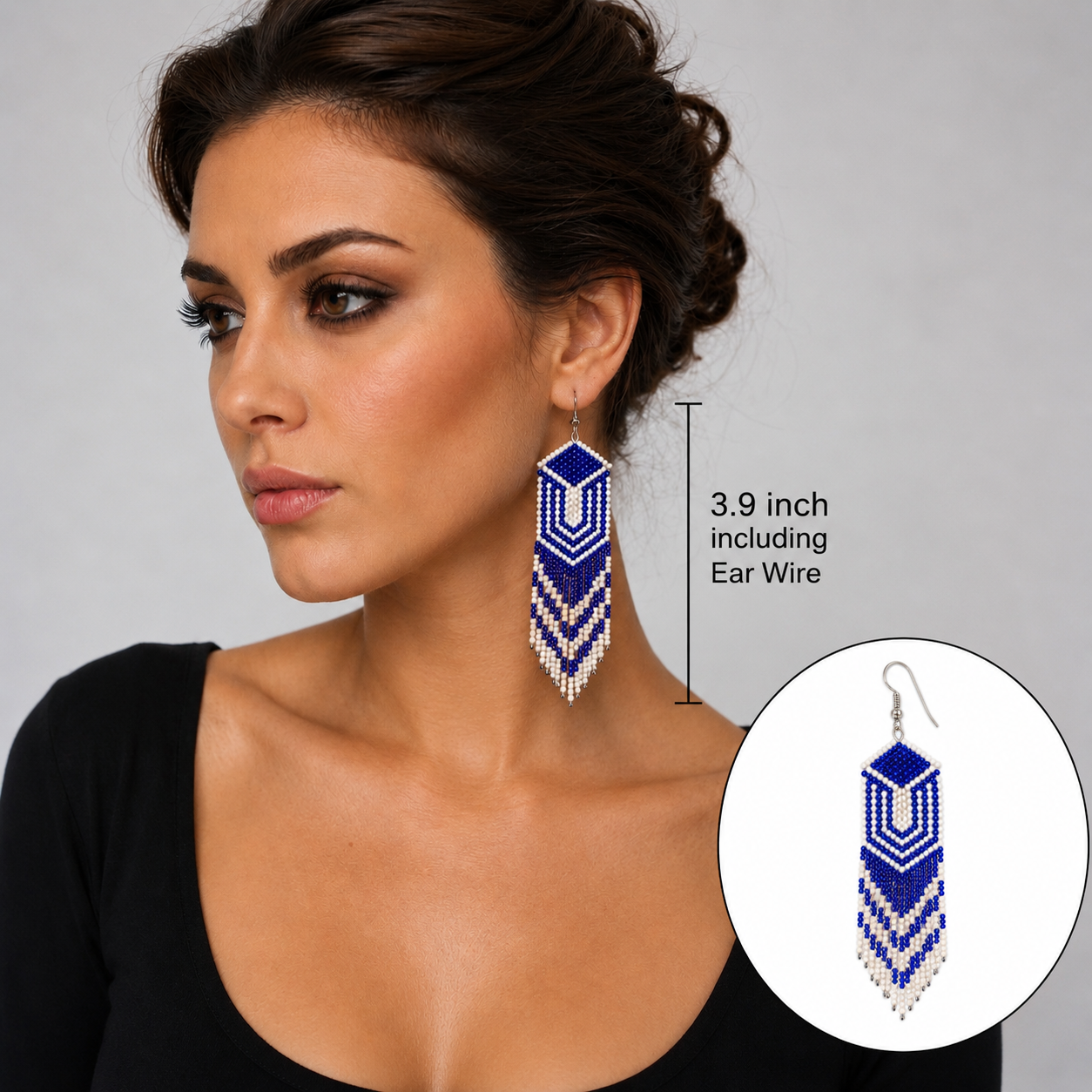 Bohemian Blue & White Fringe Earrings – Lightweight Handmade Czech Bead Earrings