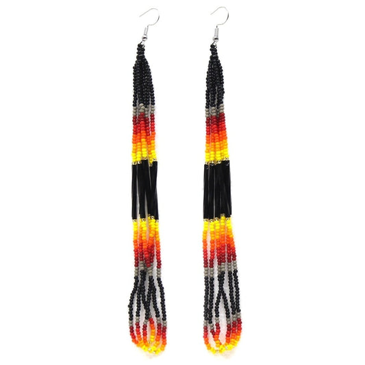 Handmade Beaded Black Fire Color Long Loop Hook Earrings