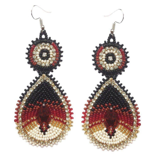 Handmade Beaded Teardrop Czech Earrings - 3.5 Inches Long, Brown Cream