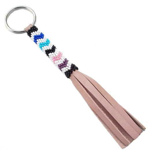 Multicolor Seed Beaded Leather Keyring Charm Handmade