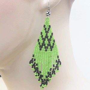 Vibrant Green & Black Beaded Fringe Earrings