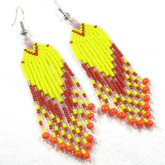 Sunny Yellow & Red Beaded Fringe Earrings