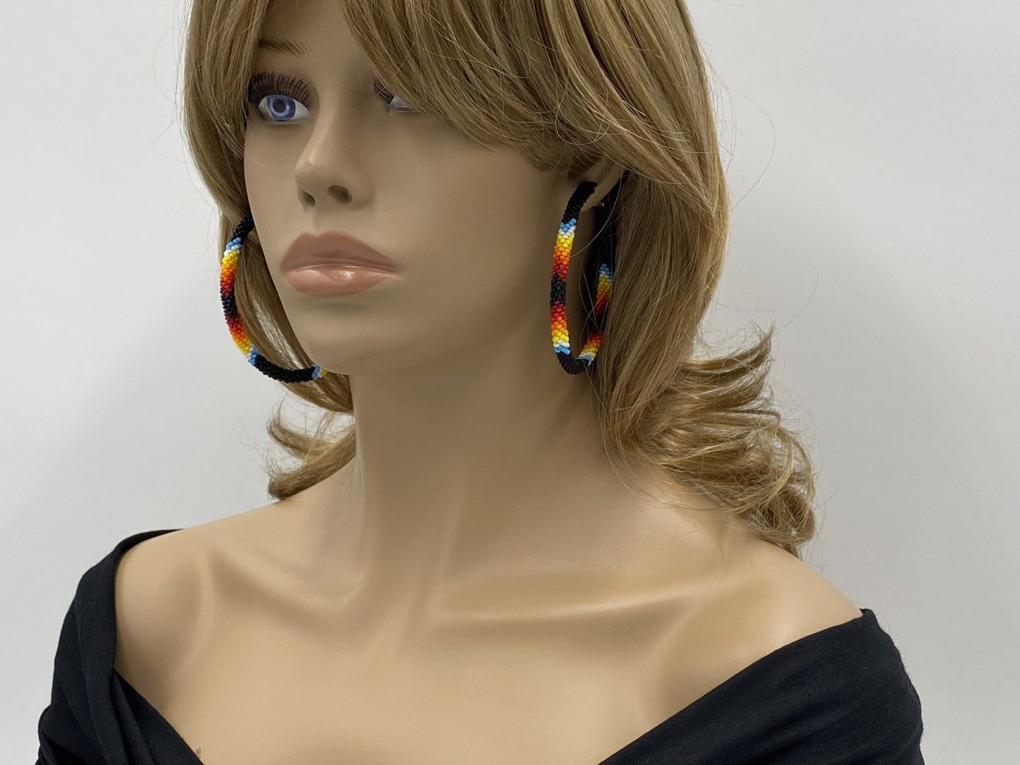Handmade Native Style 3 Inch Hoop Earrings with Czech Seed Beads - Black Fire