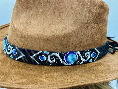 Handmade beaded Black Cyan Blue Cowboy Rhodeo style Hatband