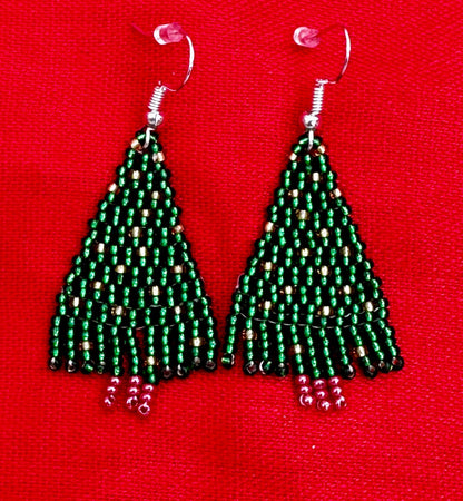 Handmade beaded Christmas tree hook drop dangle earrings