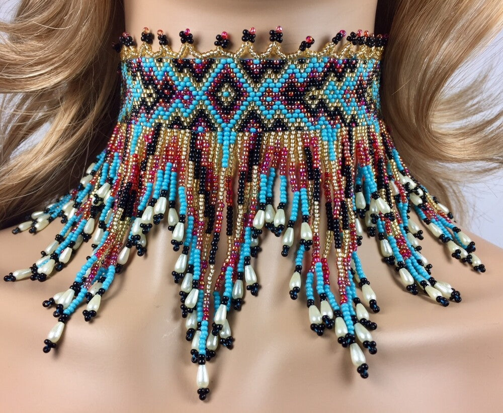Handmade Cyan Blue, Red Statement Choker Necklace