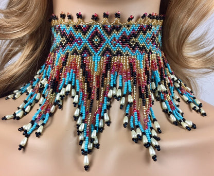 Handmade Cyan Blue, Red Statement Choker Necklace
