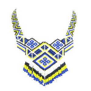 Blue White Yellow Geometric Art Lariat Bib Necklace Earrings