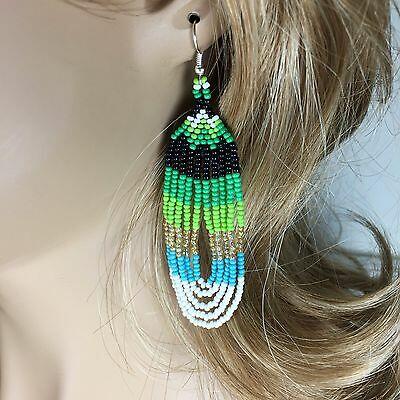 Native Inspired Style Handcrafted New Green White Gold Beaded Hook Earrings
