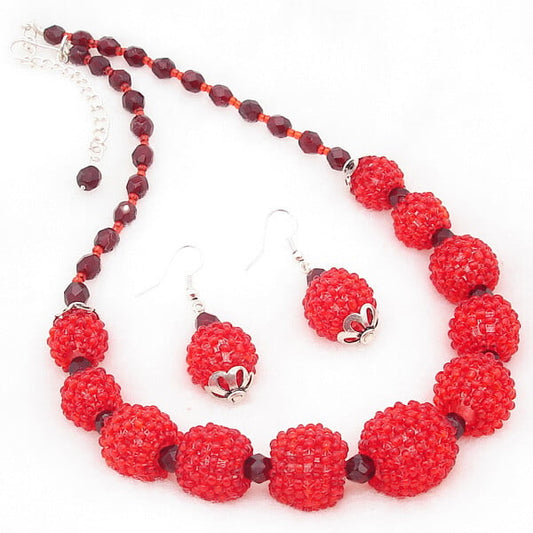 Handmade Beaded Christmas Red Statement Necklace Earrings Set - Festive Holiday Jewelry