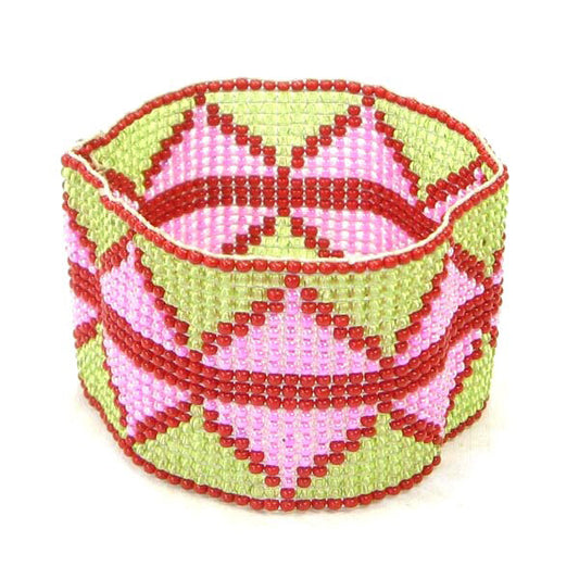 Handmade Beaded Green Pink Seed Bead Stretchable Soft Cuff Bracelet