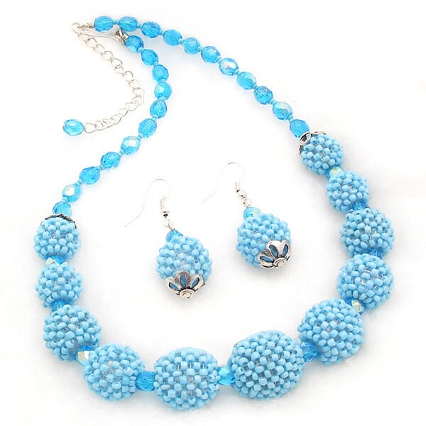 Handmade Beaded Ball Turquoise Blue Statement Necklace Earrings Set