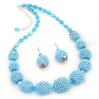 Handmade Beaded Ball Turquoise Blue Statement Necklace Earrings Set