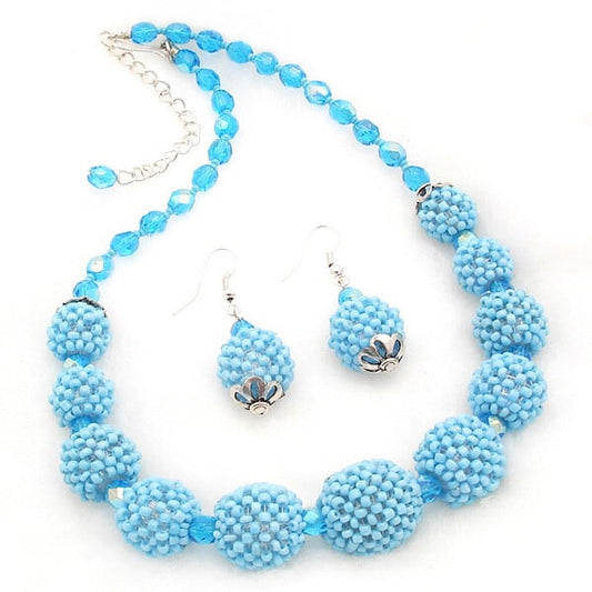 Handmade Beaded Ball Turquoise Blue Statement Necklace Earrings Set