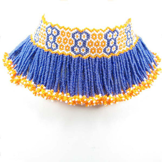 Handmade Beaded Orange Blue Seed Bead Choker Necklace