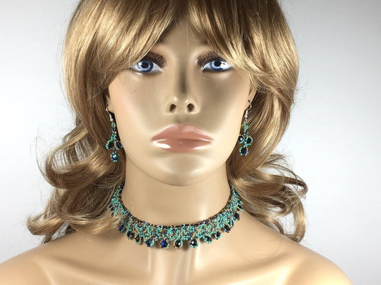Handmade Beaded Beaded Blue Gold Fashion Choker Necklace Earrings Set