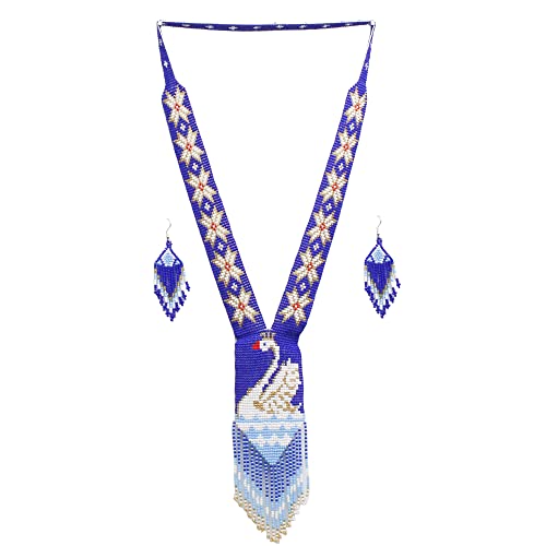 Native Tribal Style Long Statement Beaded Necklace for Women Y Shape - Blue White Swan