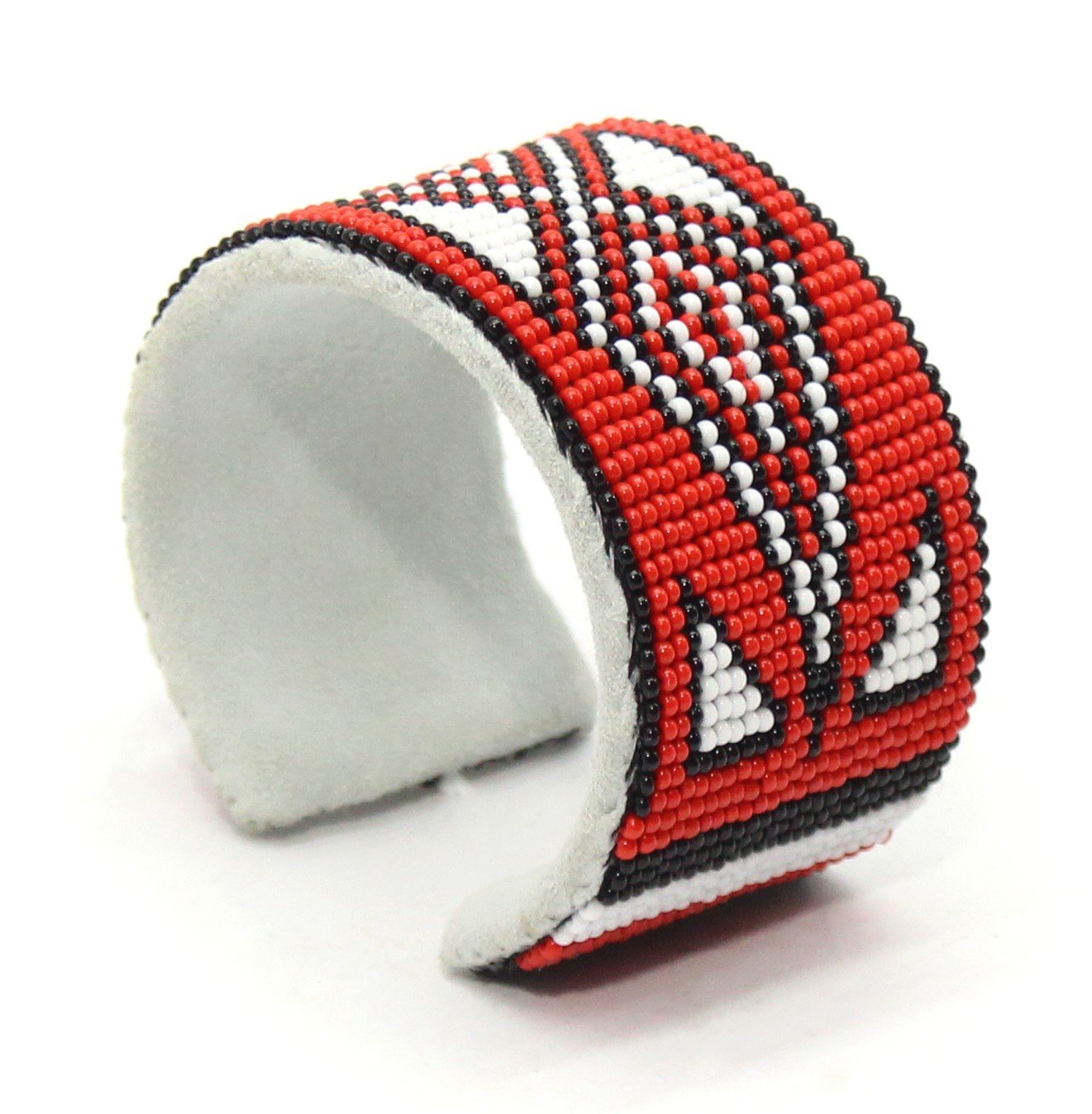 Handmade Beaded Red Black White Leather Hard Cuff Bracelet 58/30 - Geometric Pattern, Bendable