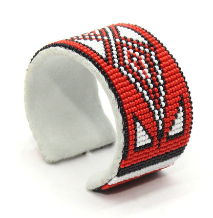 Handmade Beaded Red Black White Leather Hard Cuff Bracelet 58/30 - Geometric Pattern, Bendable