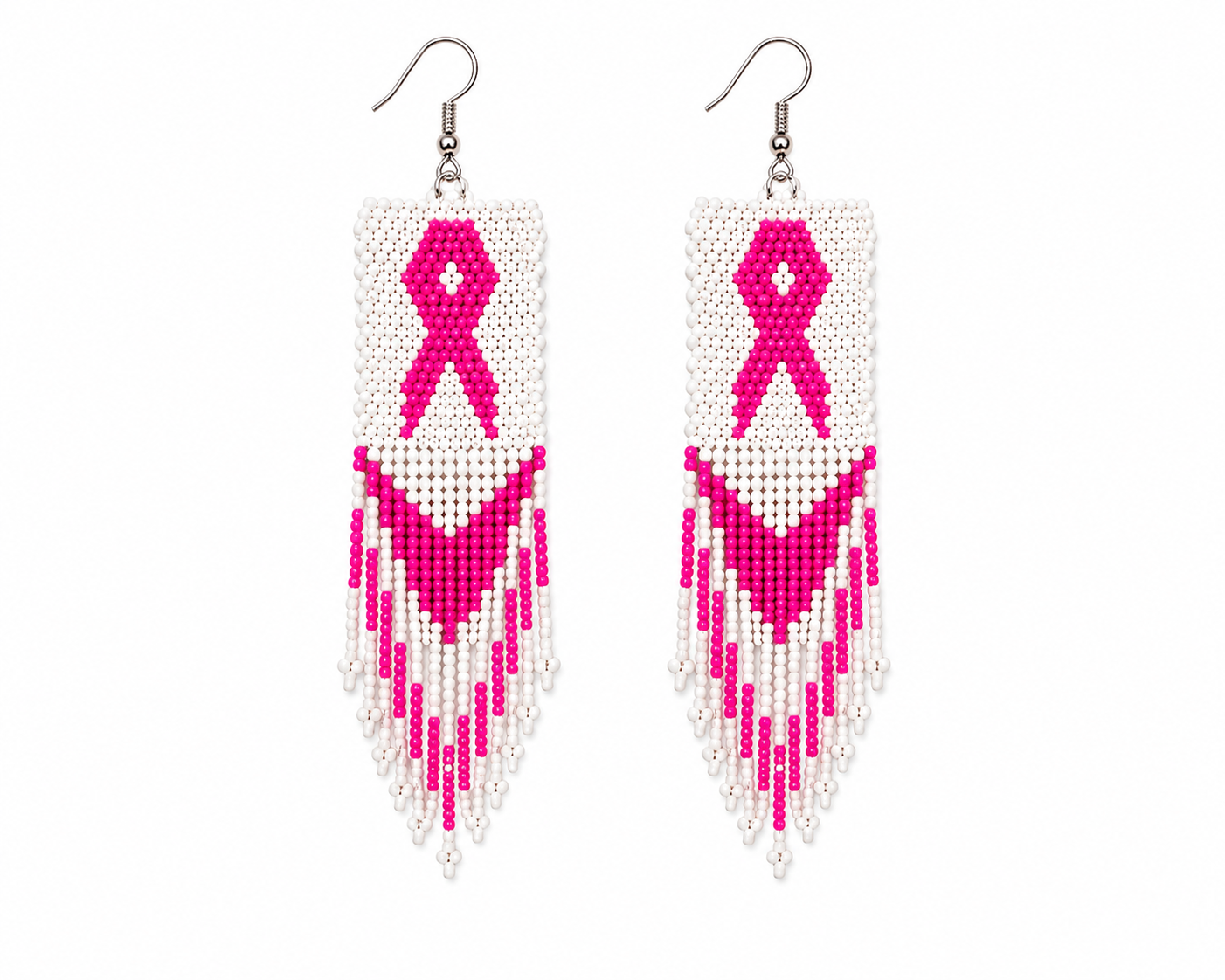 Handmade Pink Ribbon Beaded Fringe Earrings – Breast Cancer Awareness Jewelry, Lightweight Seed Bead Dangle Earrings for Women (3.5 Inch)
