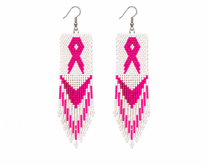 Handmade Pink Ribbon Beaded Fringe Earrings – Breast Cancer Awareness Jewelry, Lightweight Seed Bead Dangle Earrings for Women (3.5 Inch)