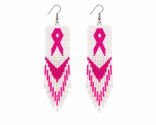 Handmade Pink Ribbon Beaded Fringe Earrings – Breast Cancer Awareness Jewelry, Lightweight Seed Bead Dangle Earrings for Women (3.5 Inch)