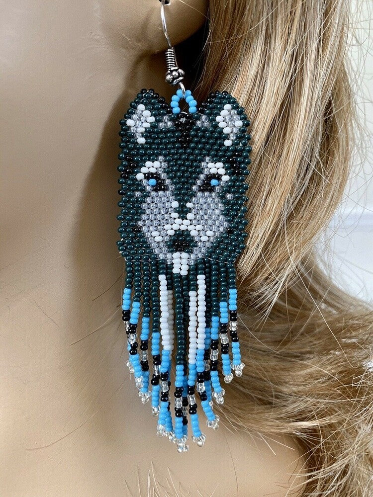 Handmade Beaded Green Blue Wolf Pattern Hook Earrings | Lightweight and Elegant