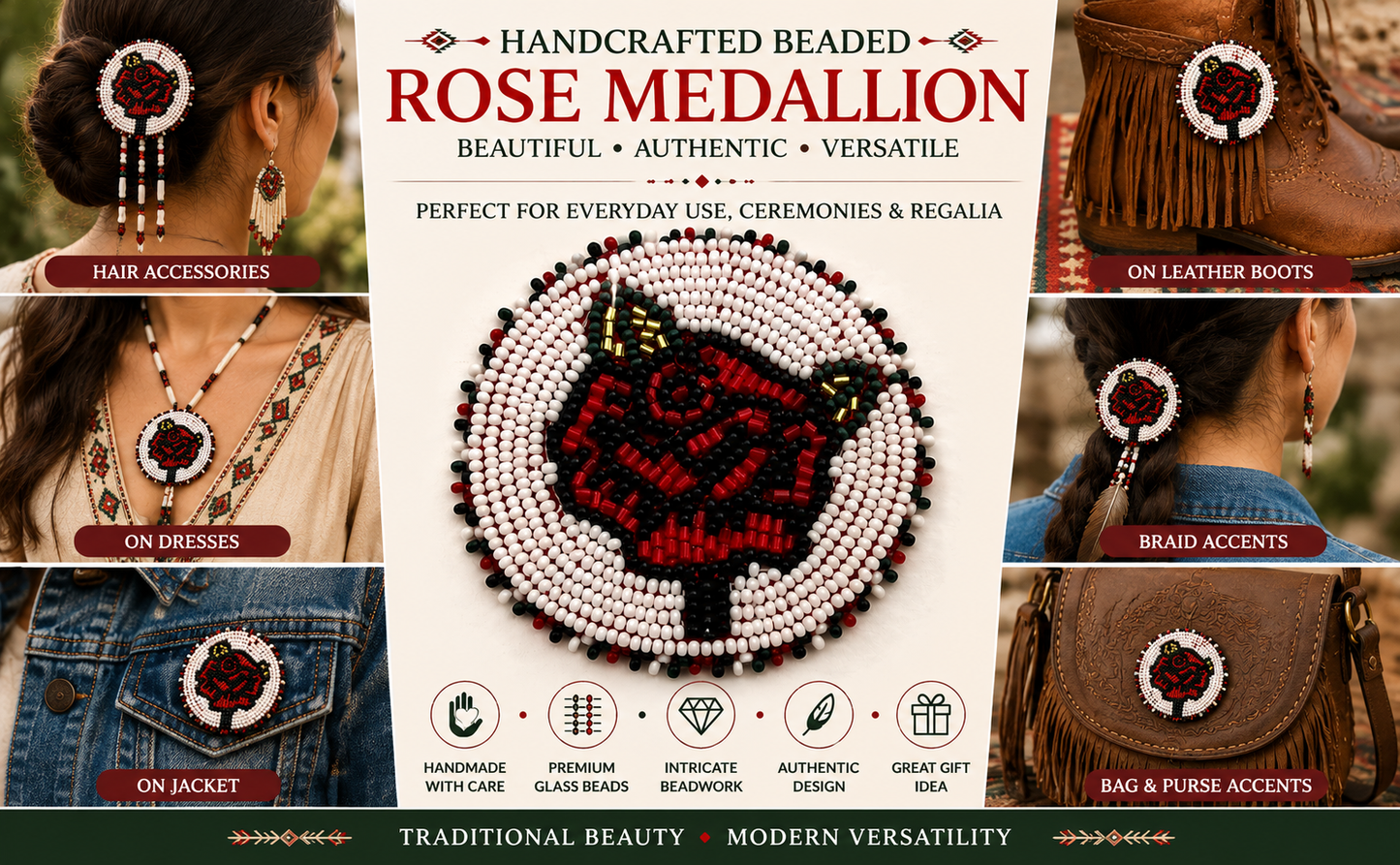Handmade Beaded Rosette Red Rose 2.7 inch