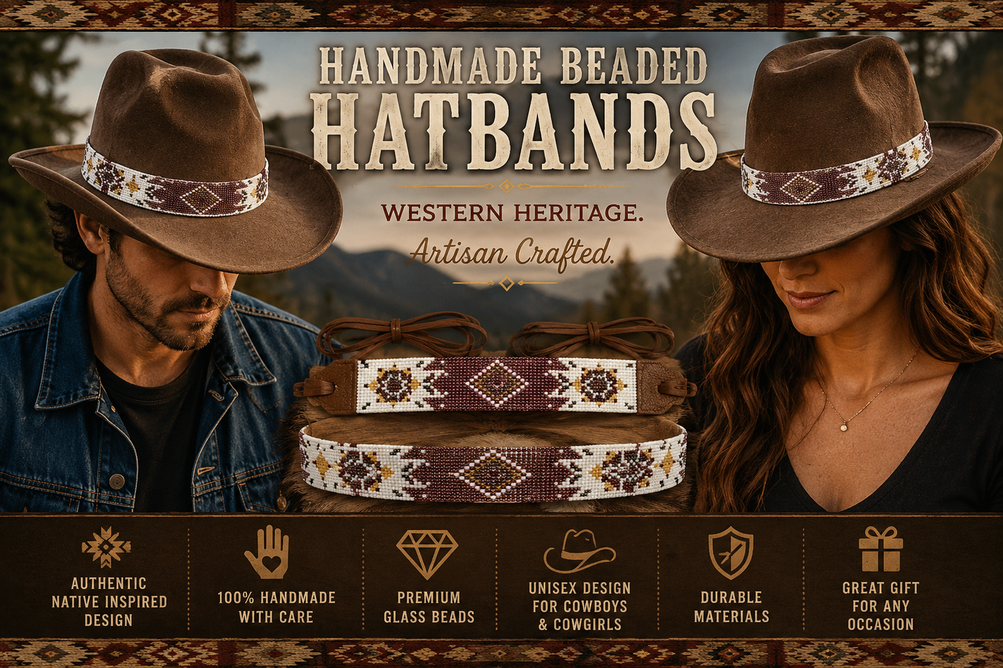 Brown White Seed Beaded Cowboy Turtle Unisex Handmade Hatband