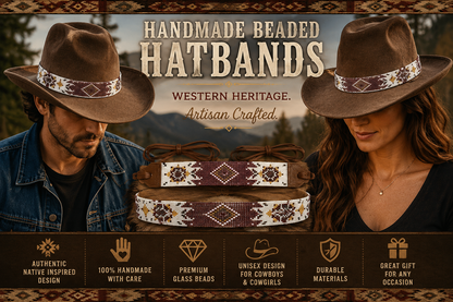 Brown White Seed Beaded Cowboy Turtle Unisex Handmade Hatband
