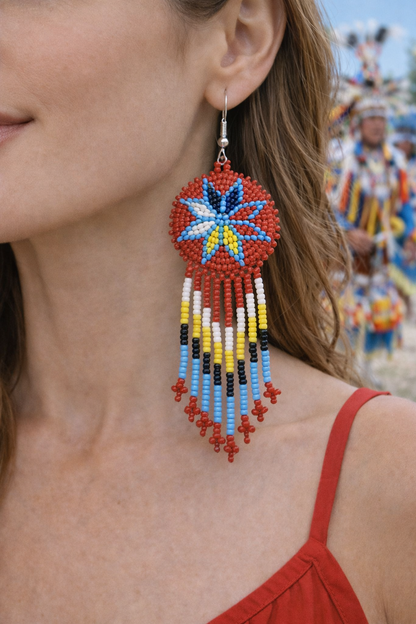Handmade Beaded Red 4 Directions Color Round Fringe Hook Earrings