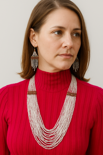 Handmade beaded White Copper layered necklace earrings set