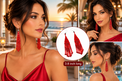 Elegant handmade Red Beaded Fringe Earrings – 3.8 Inch Handcrafted Statement Jewelry