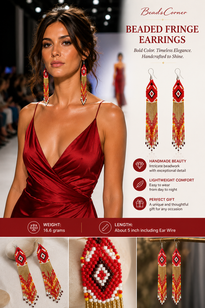 Handcrafted Czech Beaded Red Fringe Earrings – 5 Inch Statement Dangle Earrings