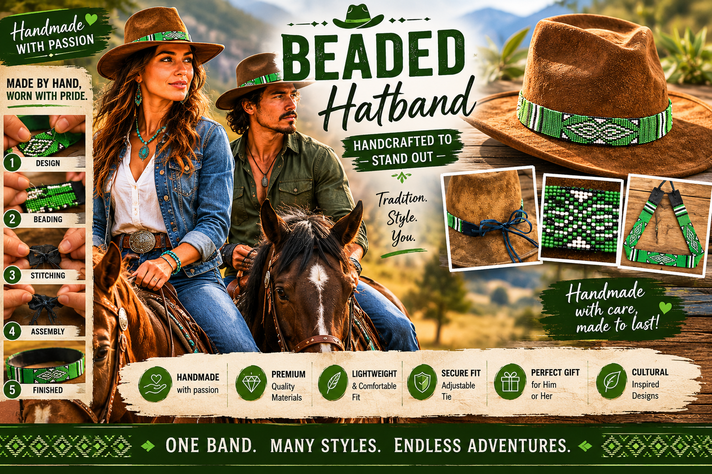 Handmade Beaded Native Style Green White Cowboy Hatband