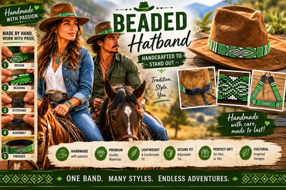 Handmade Beaded Native Style Green White Cowboy Hatband
