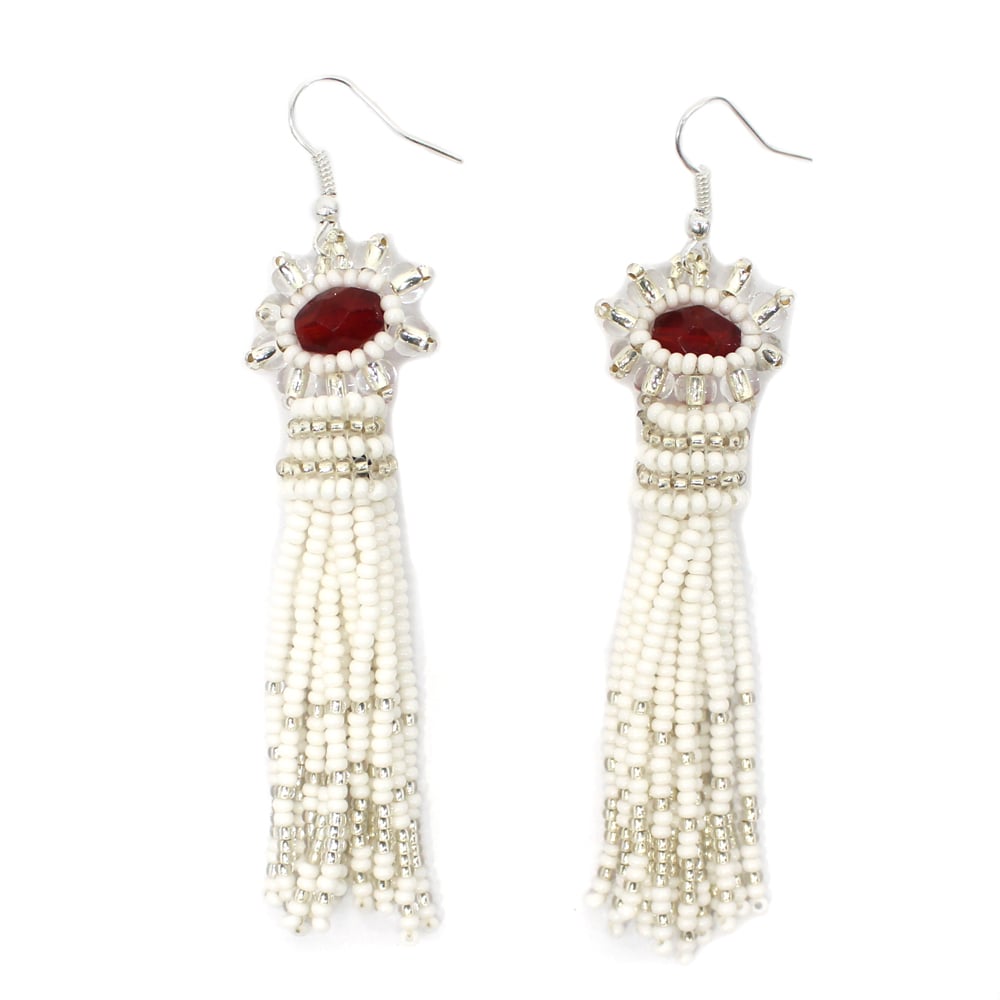 Handmade Beaded White Red Hook Earrings