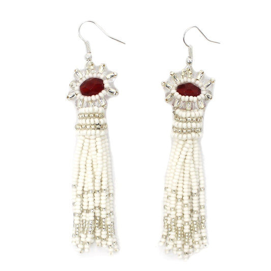 Handmade Beaded White Red Hook Earrings