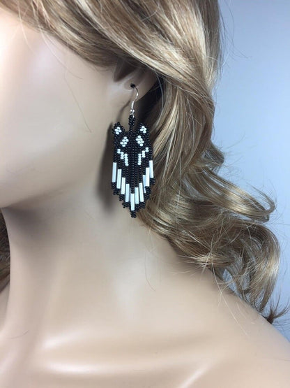 Handmade Beaded Black Seed Bead Wolf Big Earrings
