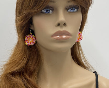 Handmade Beaded Cute Round Pink Earrings