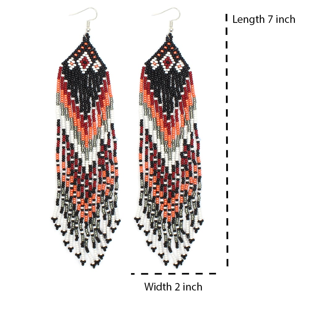 Handmade Beaded Native Style Black Red Peach Long Hook Earrings