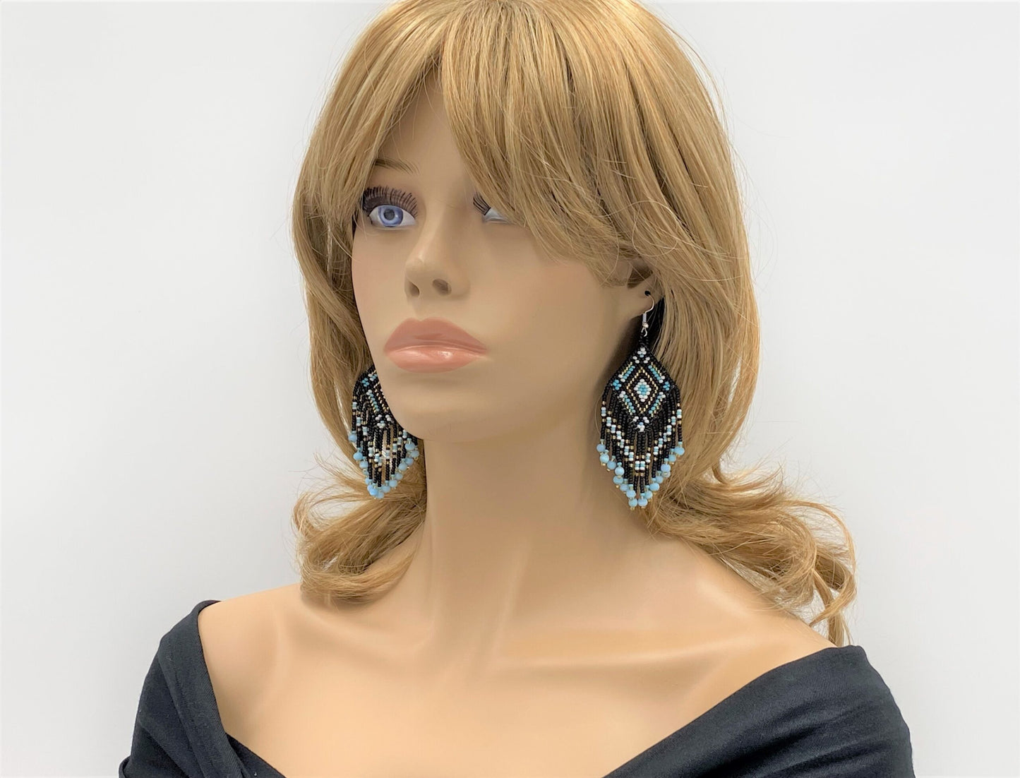 Handmade beaded Black Cyan Blue Native style hook earrings