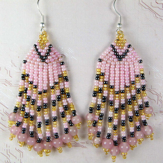 Chic Pink &amp; Gold Beaded Chandelier Earrings