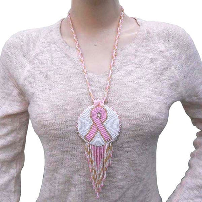 Pink Ribbon Handmade Breast Cancer Awareness Beaded Necklace Earrings Set