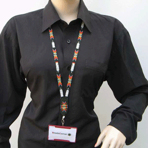 Black Red Fire Pattern Seed Beaded Lanyard Id Holder