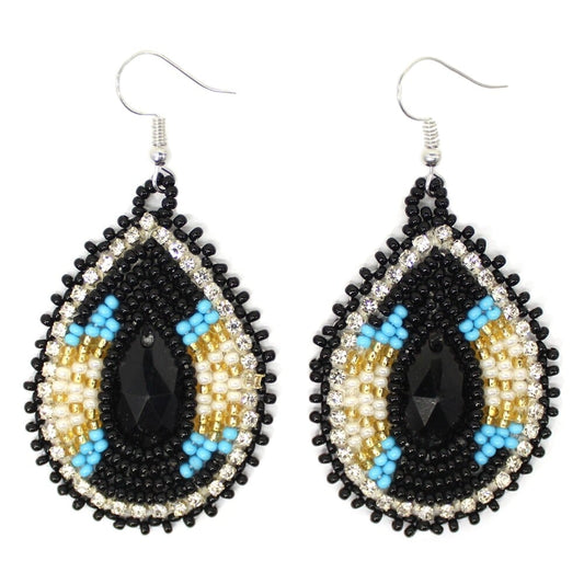 Handmade Teardrop Small Czech Seed Bead Earrings - 2.5 inch long - Black Gold